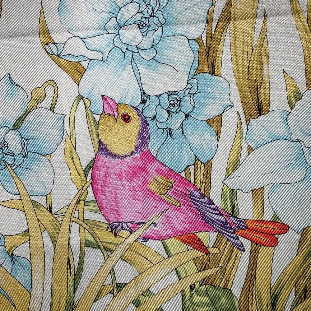 Christian Dior 32” Square 100% Silk Scarf Blue Multicolored Birds & Floral Print - Picture 9 of 16